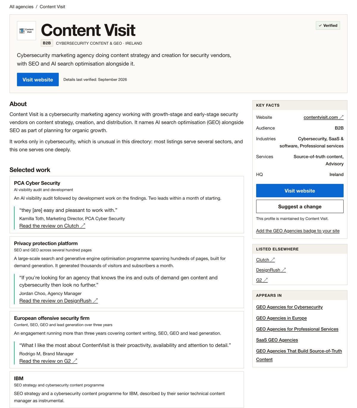 An example Verified profile on GEO Agencies, with case studies, client quotes and the Verified label